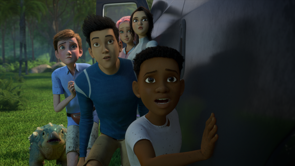 Paul-Mikél Williams as Darius, Jenna Ortega as Brooklynn, Ryan Potter as Kenji, Raini Rodriguez as Sammy, Sean Giambrone as Ben, Kausar Mohammed as Yaz in Jurassic World Camp Cretaceous 