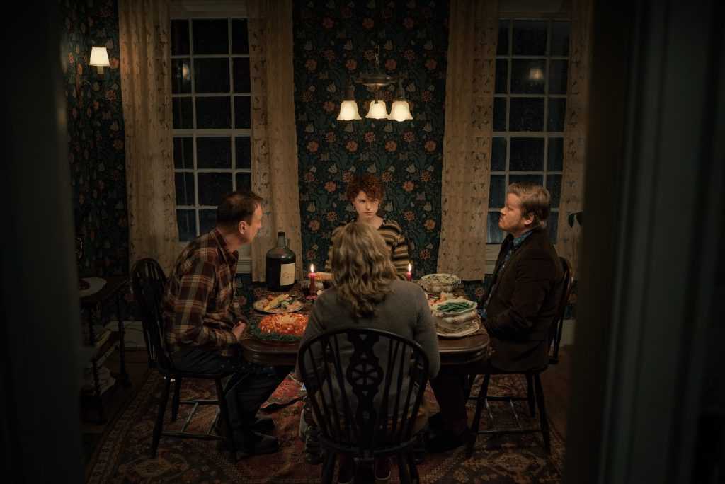 Im Thinking Of Ending Things. David Thewlis as Father, Jessie Buckley as Young Woman, Toni Collette as Mother, Jesse Plemons as Jake in Im Thinking Of Ending Things.