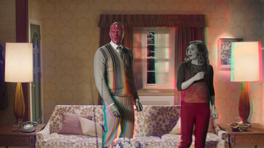 Paul Bettany is Vision and Elizabeth Olsen is Wanda Maximoff in Marvel Studios' Wandavision still